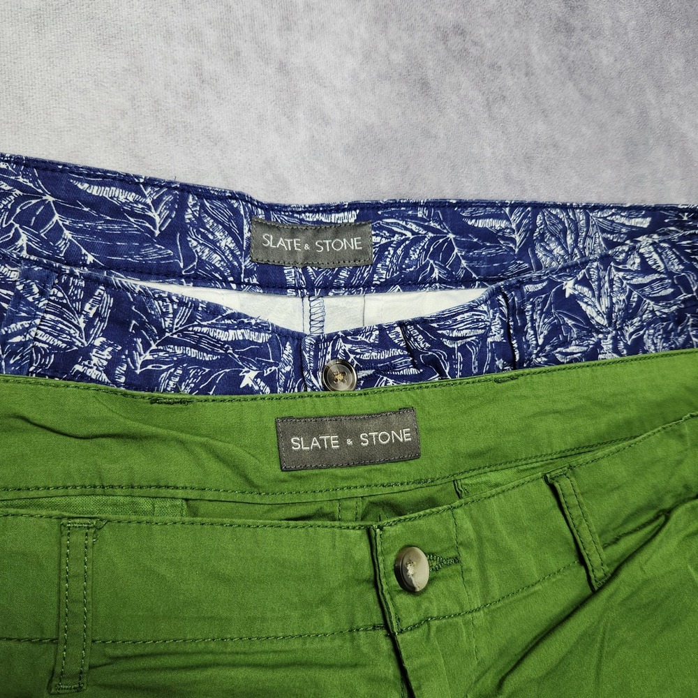 Slate & Stone Mens Chino Shorts Bundle of 2 Size 38 Green Solid & Navy Tropical